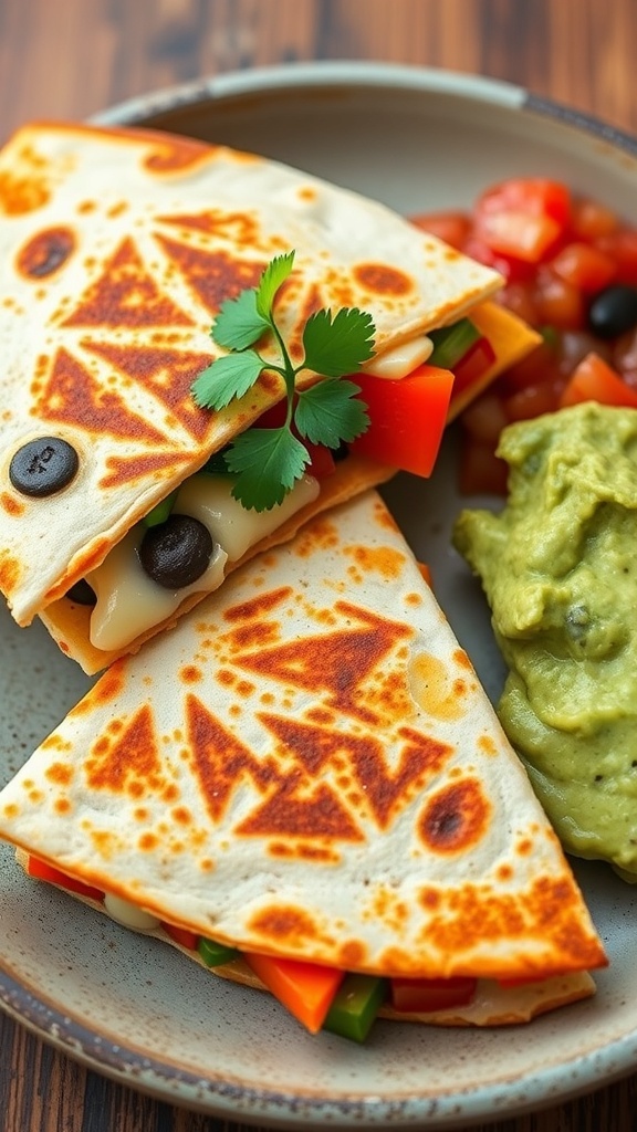 Vegetarian quesadilla filled with cheese, bell peppers, and black beans, served with salsa and guacamole.